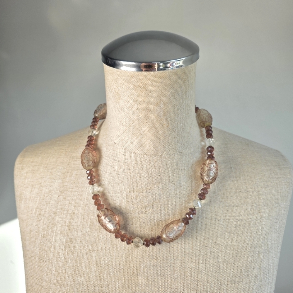 Brown Necklace with Organic Beads and Metallic Links